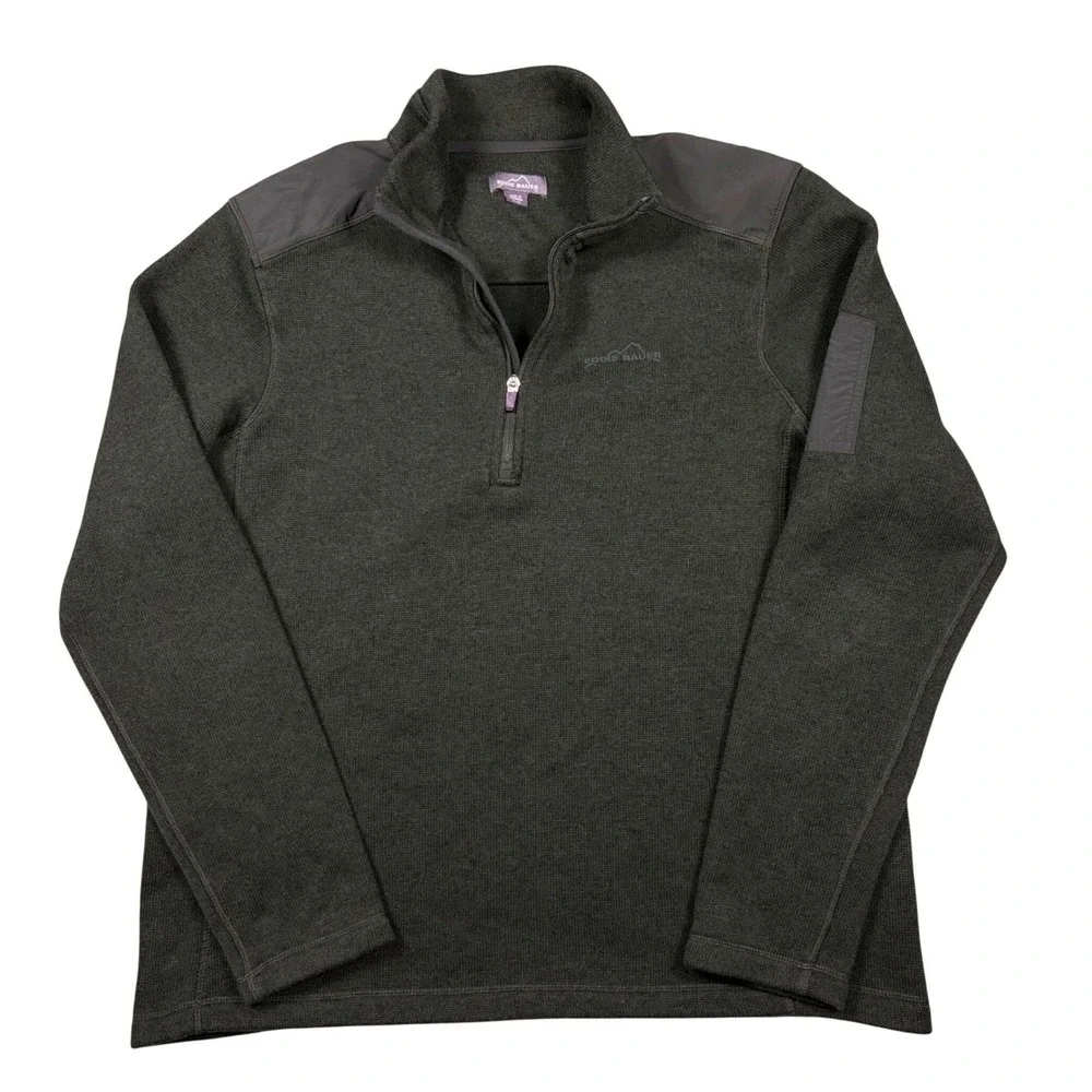 Eddie Bauer XL Quarter Zip Sweater Fleece Green Pullover Nylon Panels